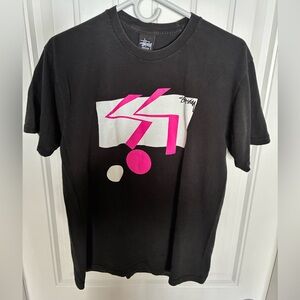 Stussy Black Tee with Pink and White Graphic